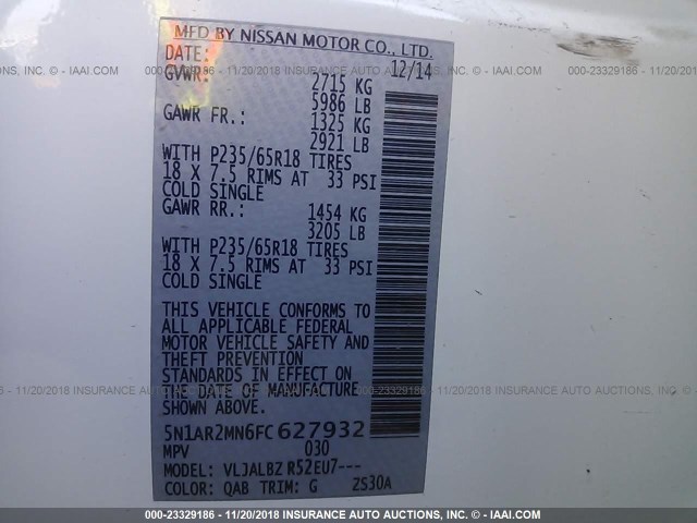 5N1AR2MN6FC627932 - 2015 NISSAN PATHFINDER S/SV/SL/PLATINUM WHITE photo 9