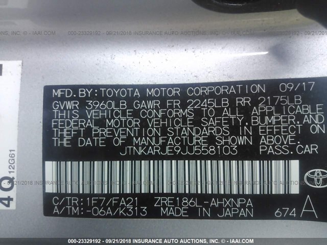 JTNKARJE9JJ558103 - 2018 TOYOTA COROLLA IM SILVER photo 9