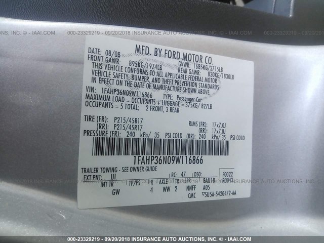 1FAHP36N09W116866 - 2009 FORD FOCUS SES SILVER photo 9