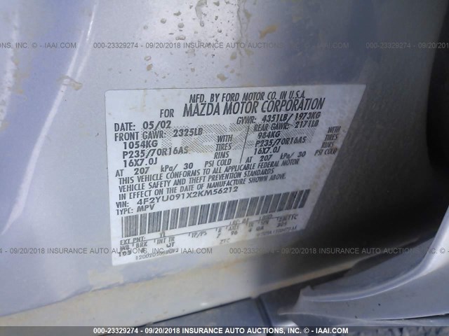 4F2YU091X2KM56212 - 2002 MAZDA TRIBUTE LX/ES ვერცხლისფერი ფოტო 9