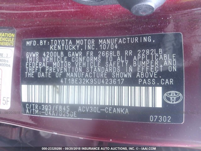 4T1BE32K95U423617 - 2005 TOYOTA CAMRY LE/XLE/SE 红色 照片 9