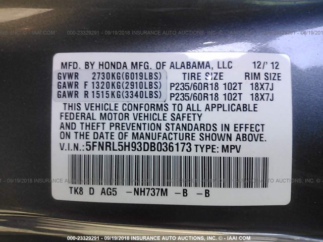 5FNRL5H93DB036173 - 2013 HONDA ODYSSEY TOURING/TOURING ELITE GRAY photo 9