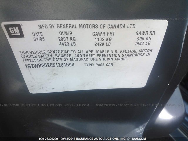 2G2WP552061231690 - 2006 PONTIAC GRAND PRIX Синьо-зелений фото 9