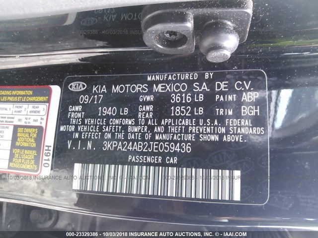 3KPA24AB2JE059436 - 2018 KIA RIO LX/S BLACK photo 9