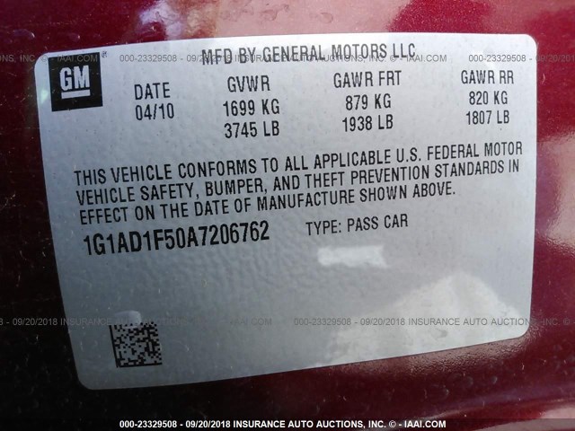 1G1AD1F50A7206762 - 2010 CHEVROLET COBALT 1LT RED photo 9