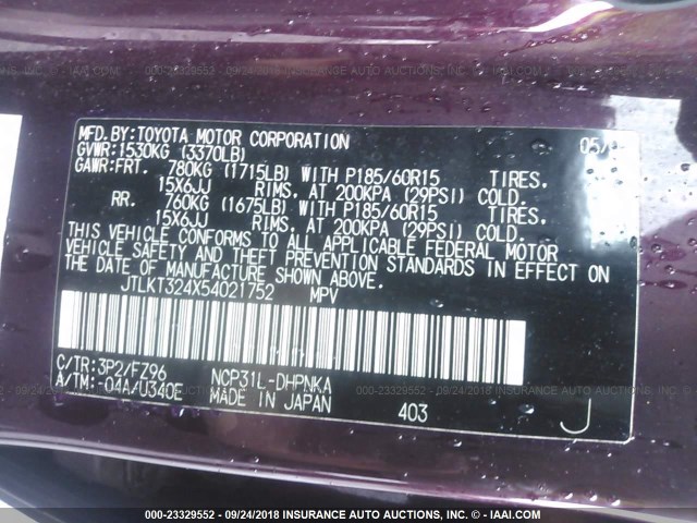 JTLKT324X54021752 - 2005 TOYOTA SCION XB Granate foto 9