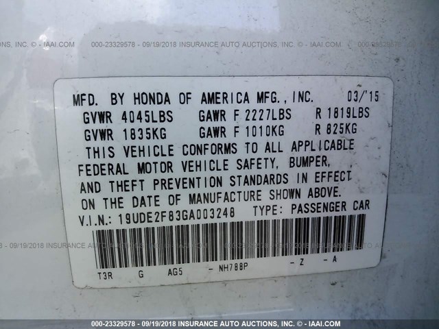 19UDE2F83GA003248 - 2016 ACURA ILX PREMIUM STYLE/TECH STYLE WHITE photo 9