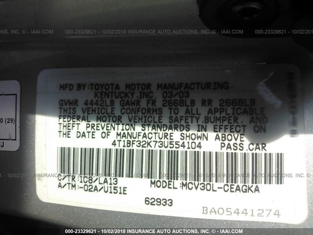 4T1BF32K73U554104 - 2003 TOYOTA CAMRY LE/XLE/SE SILVER photo 9