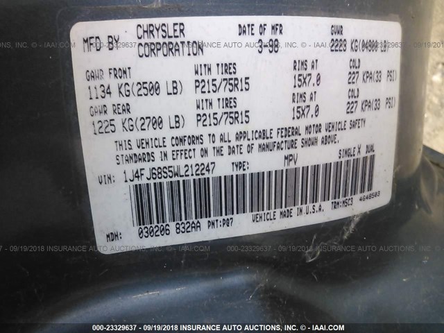 1J4FJ68S5WL212247 - 1998 JEEP CHEROKEE SPORT/CLASSIC ლურჯი ფოტო 9