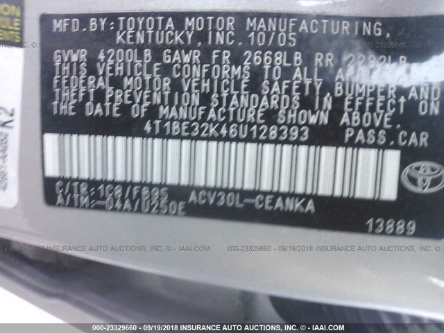 4T1BE32K46U128393 - 2006 TOYOTA CAMRY LE/XLE/SE Күміс фото 9