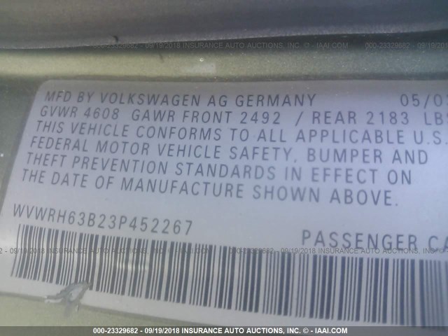 WVWRH63B23P452267 - 2003 VOLKSWAGEN PASSAT GLX GREEN photo 9