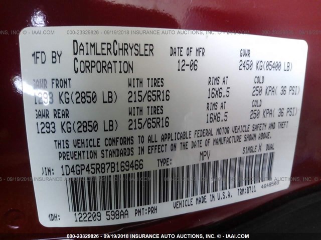 1D4GP45R87B169466 - 2007 DODGE CARAVAN SXT RED photo 9