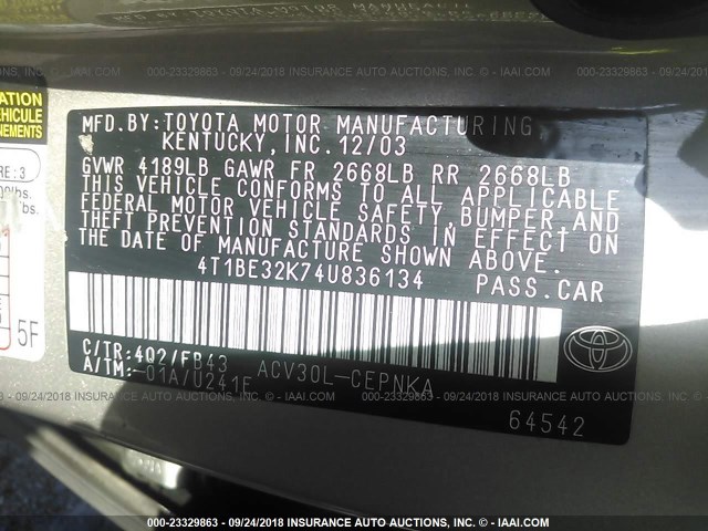 4T1BE32K74U836134 - 2004 TOYOTA CAMRY LE/XLE/SE Şampan foto 9