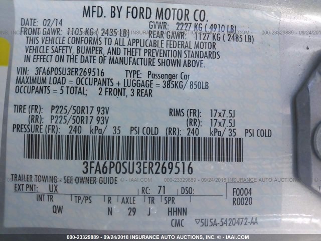 3FA6P0SU3ER269516 - 2014 FORD FUSION TITANIUM PHEV SILVER photo 9