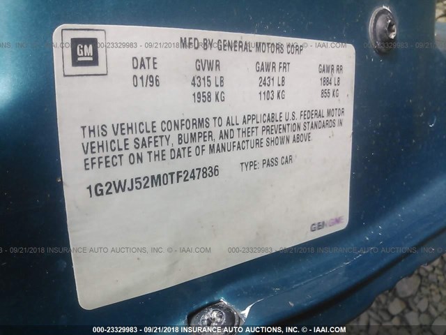 1G2WJ52M0TF247836 - 1996 PONTIAC GRAND PRIX SE ტურკოუსი ფოტო 9