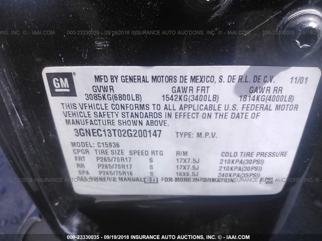 3GNEC13T02G200147 - 2002 CHEVROLET AVALANCHE C1500 BLACK photo 9