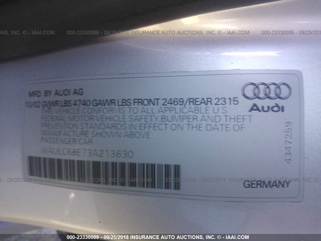 WAULC68E73A213630 - 2003 AUDI A4 1.8T QUATTRO SILVER photo 9