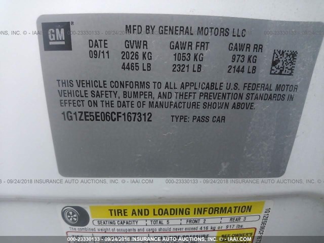 1G1ZE5E06CF167312 - 2012 CHEVROLET MALIBU LTZ 白色 照片 9