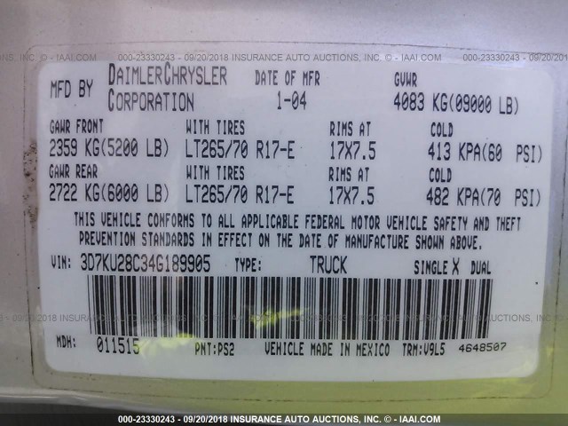 3D7KU28C34G189905 - 2004 DODGE RAM 2500 ST/SLT 银色 照片 9