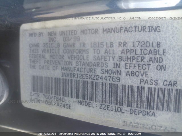 1NXBR12E5XZ244769 - 1999 TOYOTA COROLLA VE/CE/LE 绿色 照片 9