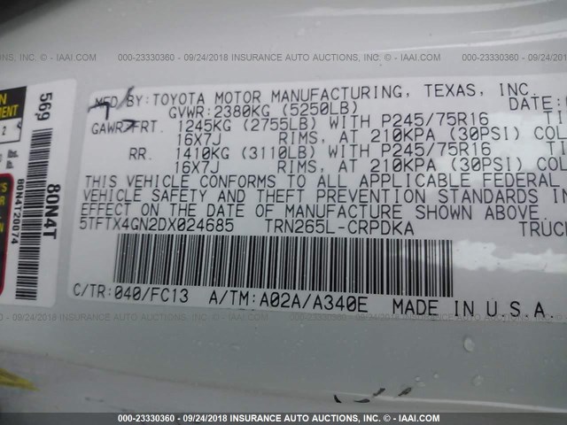 5TFTX4GN2DX024685 - 2013 TOYOTA TACOMA PRERUNNER ACCESS CAB WHITE photo 9