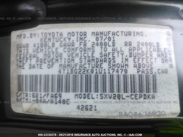 4T1BG22K01U117470 - 2001 TOYOTA CAMRY CE/LE/XLE 绿色 照片 9