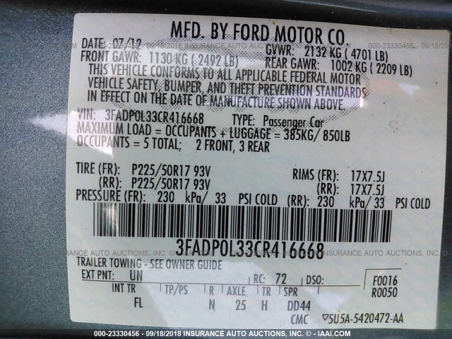 3FADP0L33CR416668 - 2012 FORD FUSION HYBRID GRAY photo 9