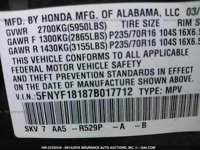 5FNYF18187B017712 - 2007 HONDA PILOT LX MAROON photo 9