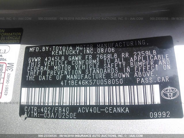 4T1BE46K57U058050 - 2007 TOYOTA CAMRY NEW GENERAT CE/LE/XLE/SE BEIGE photo 9