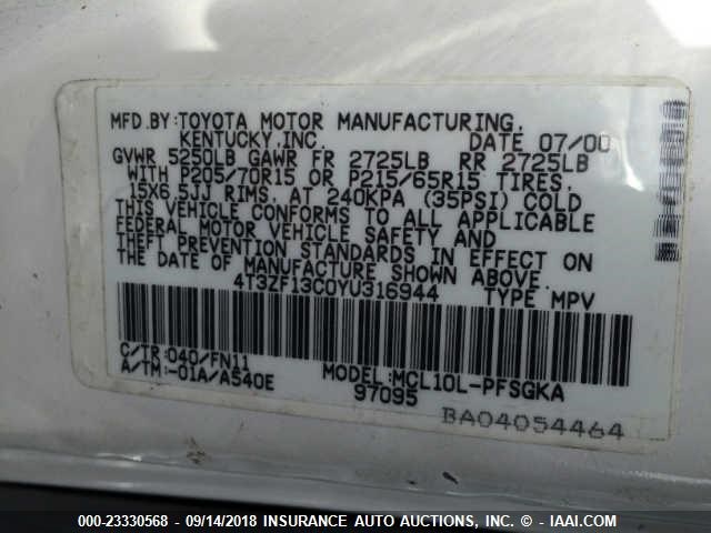4T3ZF13C0YU316944 - 2000 TOYOTA SIENNA LE/XLE თეთრი ფოტო 9
