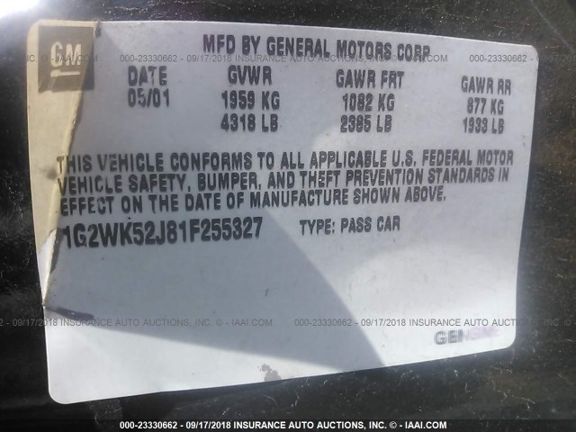 1G2WK52J81F255327 - 2001 PONTIAC GRAND PRIX SE შავი ფოტო 9