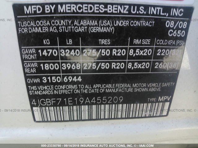 4JGBF71E19A455209 - 2009 MERCEDES-BENZ GL 450 4MATIC WHITE photo 9