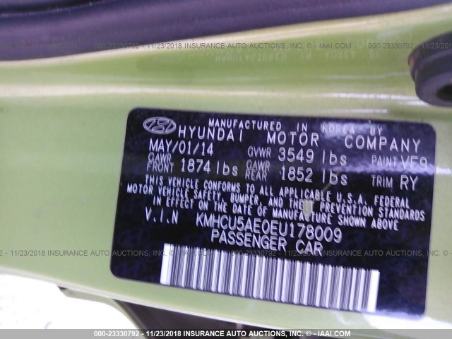 KMHCU5AE0EU178009 - 2014 HYUNDAI ACCENT GLS/SE GREEN photo 9