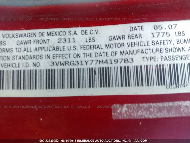 3VWRG31Y77M419783 - 2007 VOLKSWAGEN NEW BEETLE CONVERTIBLE OPTION PKG 1 RED photo 9