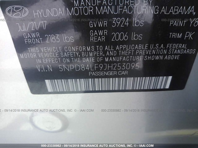 5NPD84LF9JH253095 - 2018 HYUNDAI ELANTRA SEL/VALUE/LIMITED SILVER photo 9