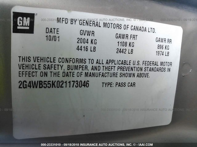 2G4WB55K021173046 - 2002 BUICK REGAL LS TAN photo 9