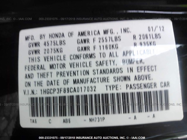 1HGCP3F89CA017032 - 2012 HONDA ACCORD EXL BLACK photo 9