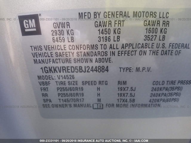 1GKKVRED5BJ244884 - 2011 GMC ACADIA SLT-1 Dorado foto 9