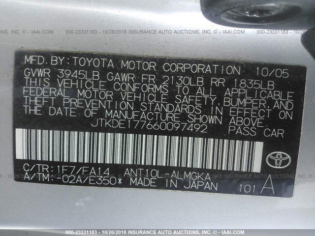 JTKDE177660097492 - 2006 TOYOTA SCION TC 银色 照片 9