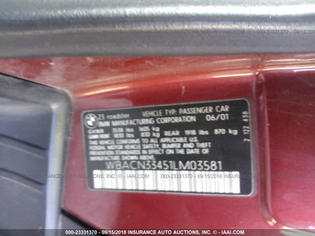 WBACN33451LM03581 - 2001 BMW Z3 2.5 RED photo 9