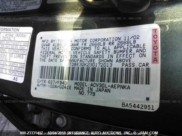 JTDBE32K230172013 - 2003 TOYOTA CAMRY LE/XLE GREEN photo 9