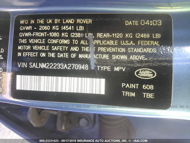 SALNM22233A270948 - 2003 LAND ROVER FREELANDER S BLUE photo 9