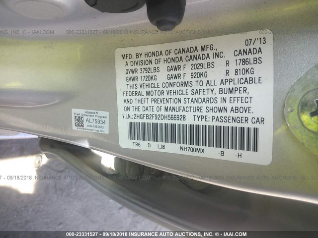 2HGFB2F92DH566928 - 2013 HONDA CIVIC EXL 银色 照片 9