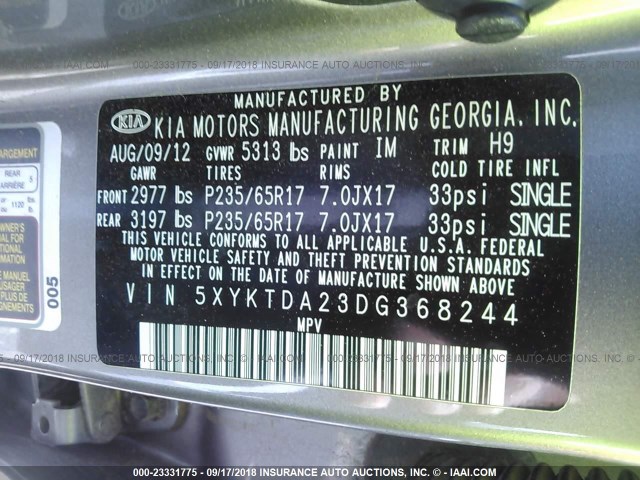 5XYKTDA23DG368244 - 2013 KIA SORENTO LX GRAY photo 9