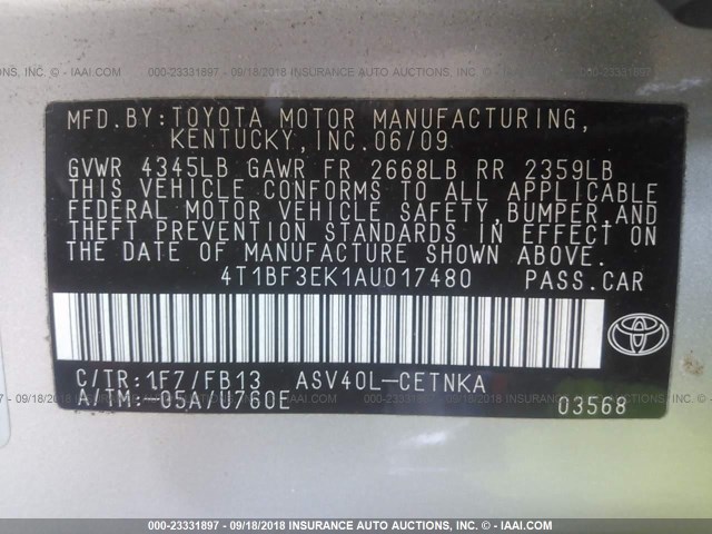 4T1BF3EK1AU017480 - 2010 TOYOTA CAMRY SE/LE/XLE SILVER photo 9