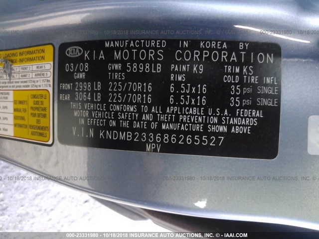 KNDMB233686265527 - 2008 KIA SEDONA EX/LX BLUE photo 9