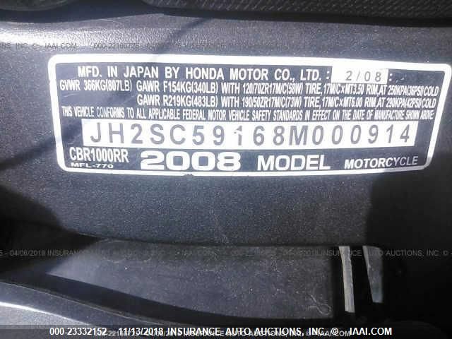 JH2SC59168M000914 - 2008 HONDA CBR1000 RR BLACK photo 10