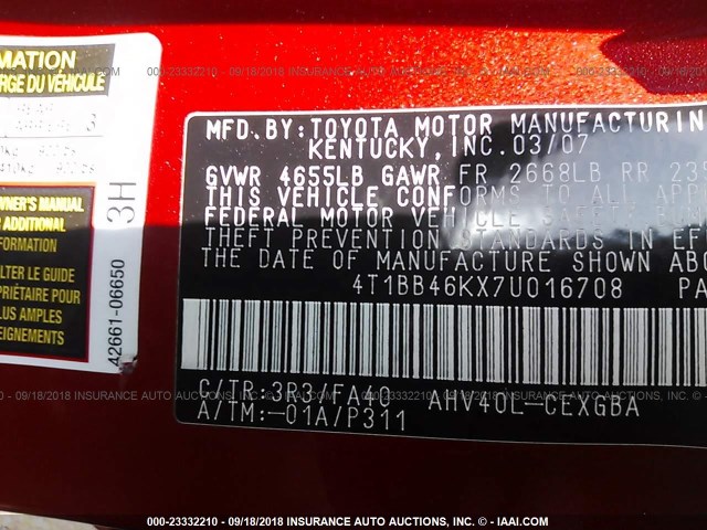 4T1BB46KX7U016708 - 2007 TOYOTA CAMRY NEW GENERAT HYBRID RED photo 9