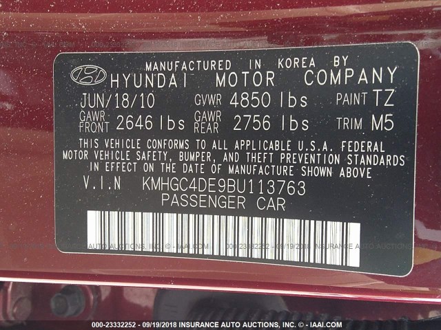 KMHGC4DE9BU113763 - 2011 HYUNDAI GENESIS 3.8L BURGUNDY photo 9