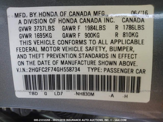 2HGFC2F74GH558734 - 2016 HONDA CIVIC EX SILVER photo 9